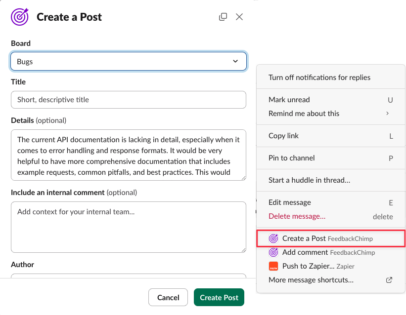 Create feedback posts from Slack messages